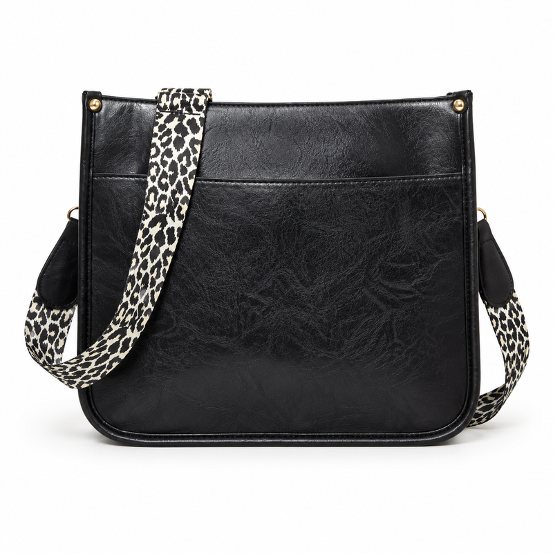 Black Crossbody Bag With Leopard Strap-2