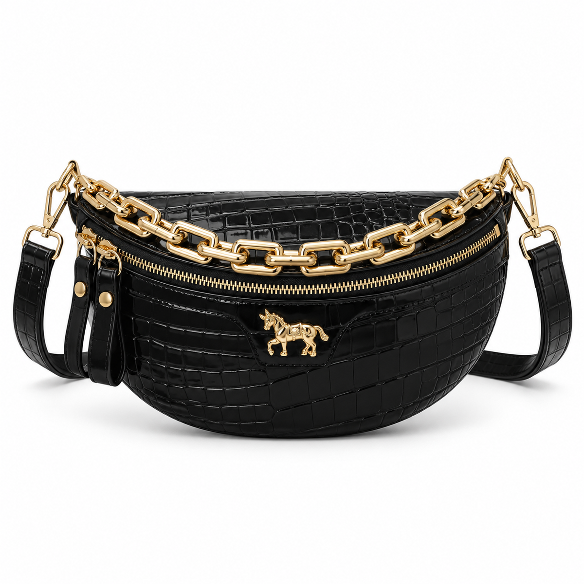 Black Crocodile Embossed Gold Chain Waistbag-4