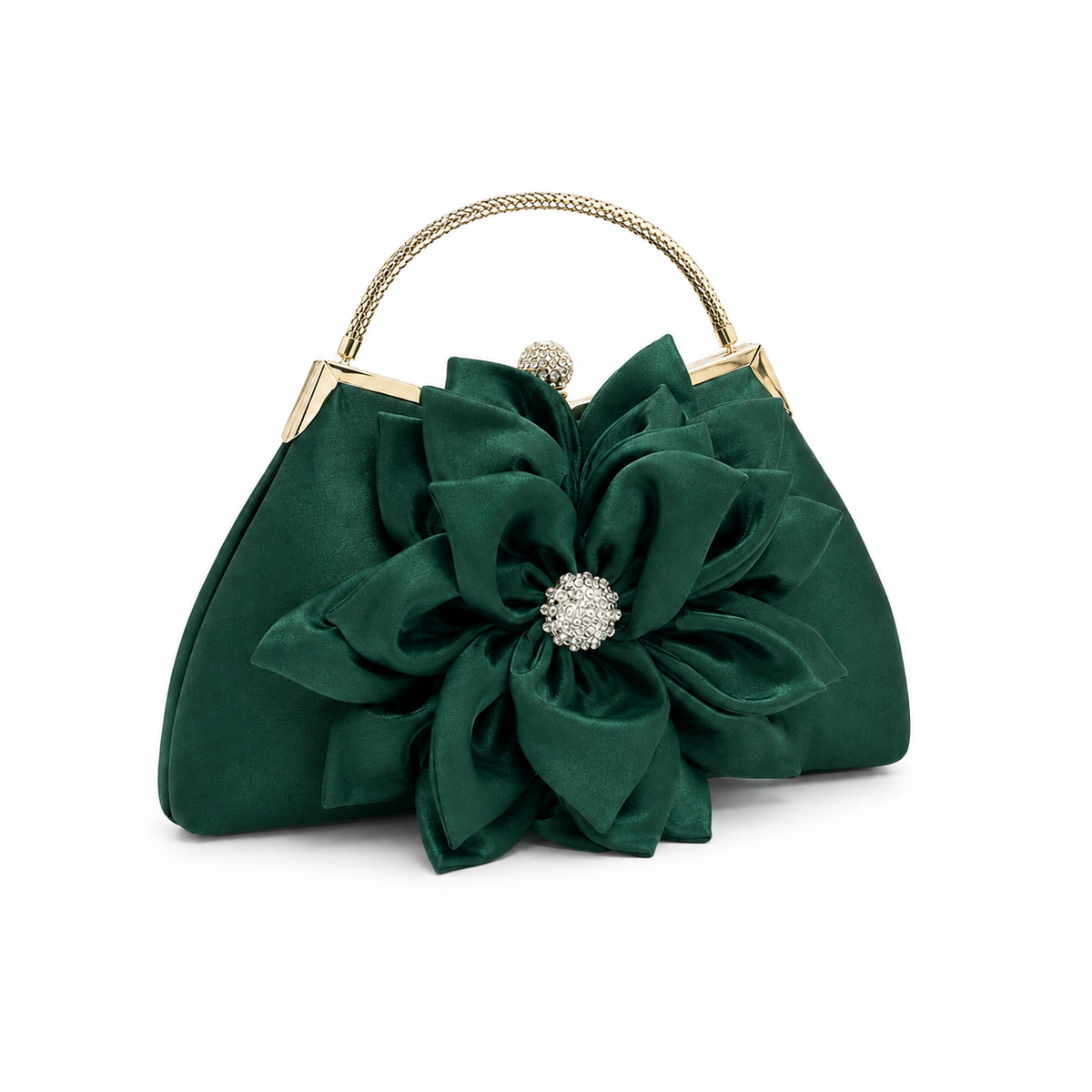 Emerald Green Floral Satin Crystal Clutch-1