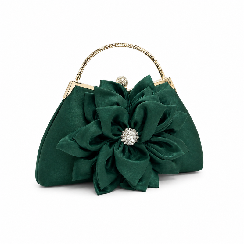Emerald Green Floral Satin Crystal Clutch-1