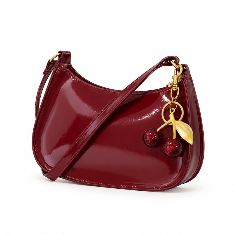 Glossy Burgundy Cherry Charm Shoulder Bag-3