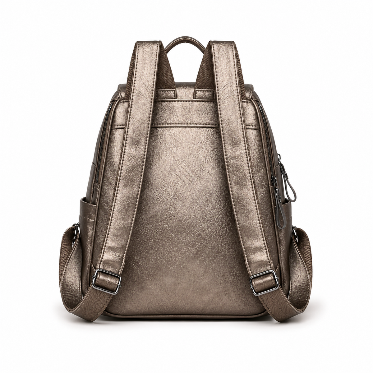 Metallic Bronze Flap Backpack With Pockets-2