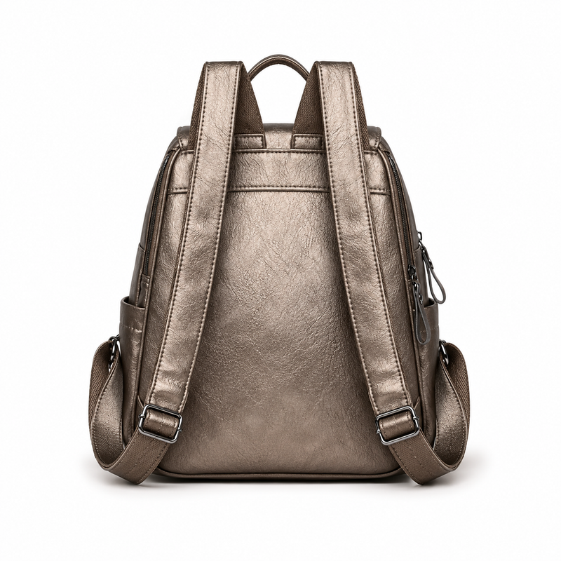 Metallic Bronze Flap Backpack With Pockets-2