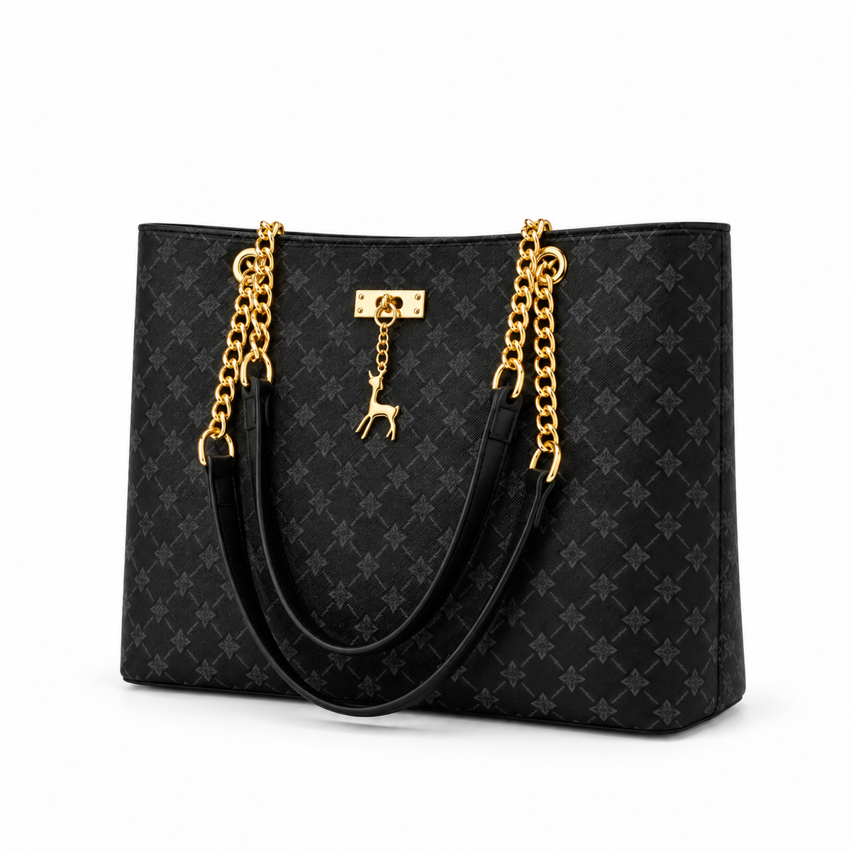 Elegant Black Monogram Chain Tote Bag-3