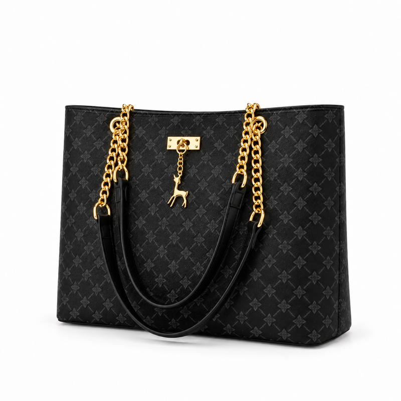 Elegant Black Monogram Chain Tote Bag-3