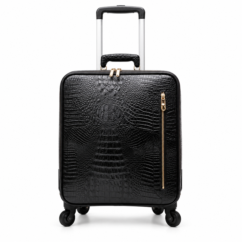 Black Crocodile Textured Rolling Travel Suitcase-4