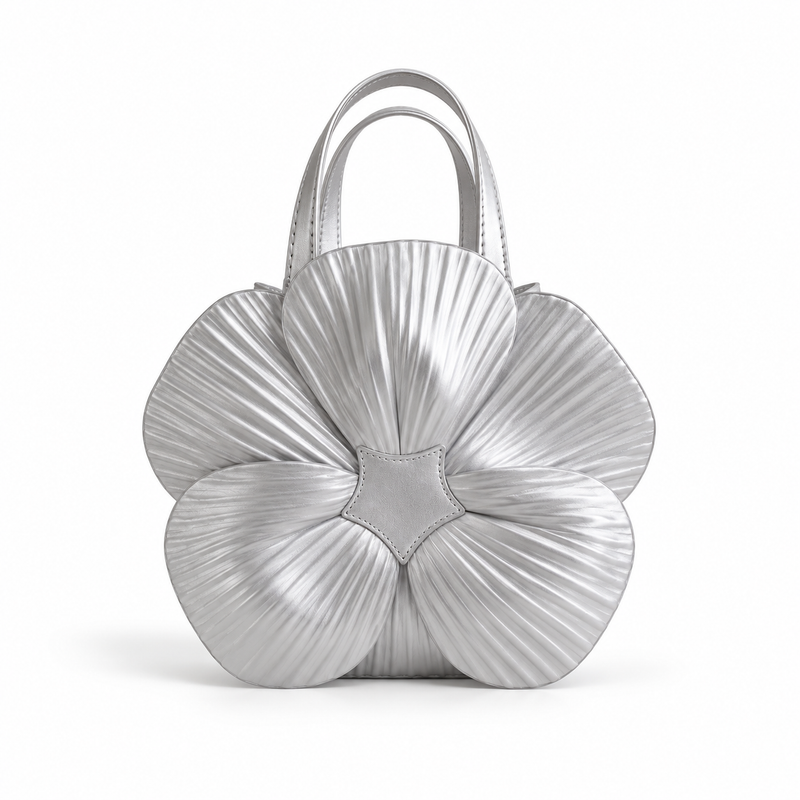 Silver Metallic Flower Sculpted Handle Clutch-3