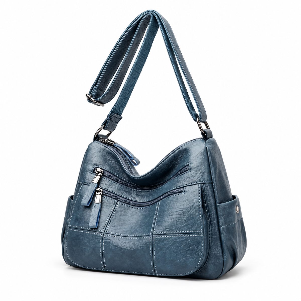 Blue Textured Multi Pocket Crossbody Bag-3
