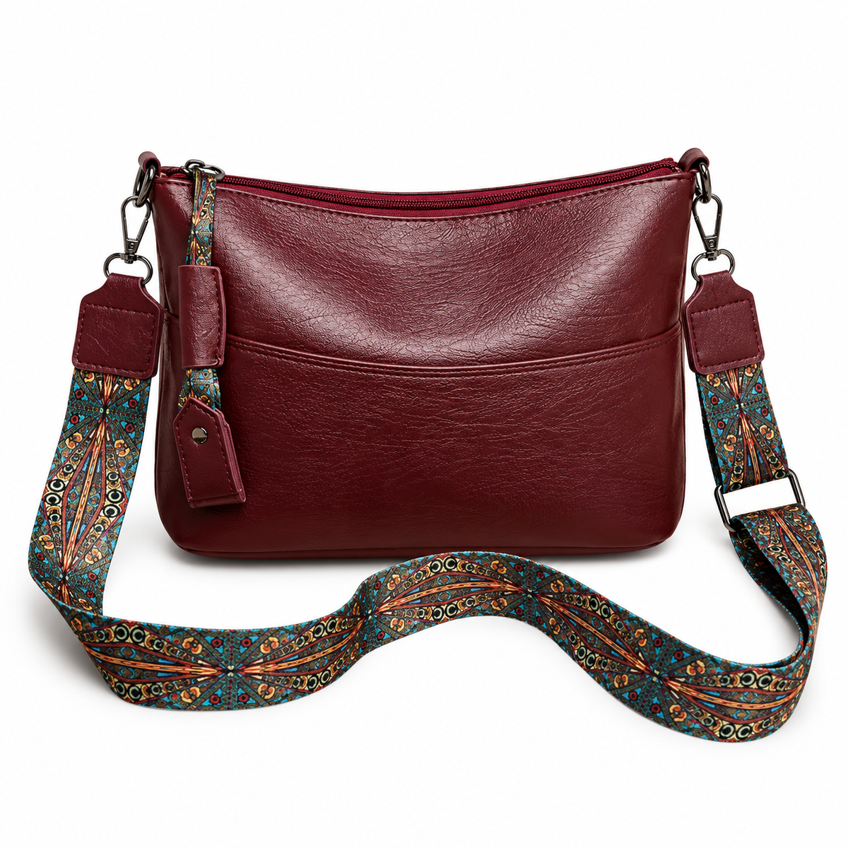 Burgundy Crossbody Bag With Patterned Strap-2