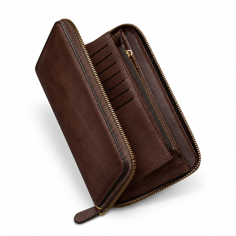 Dark Coffee Leather Zip Around Wallet-1