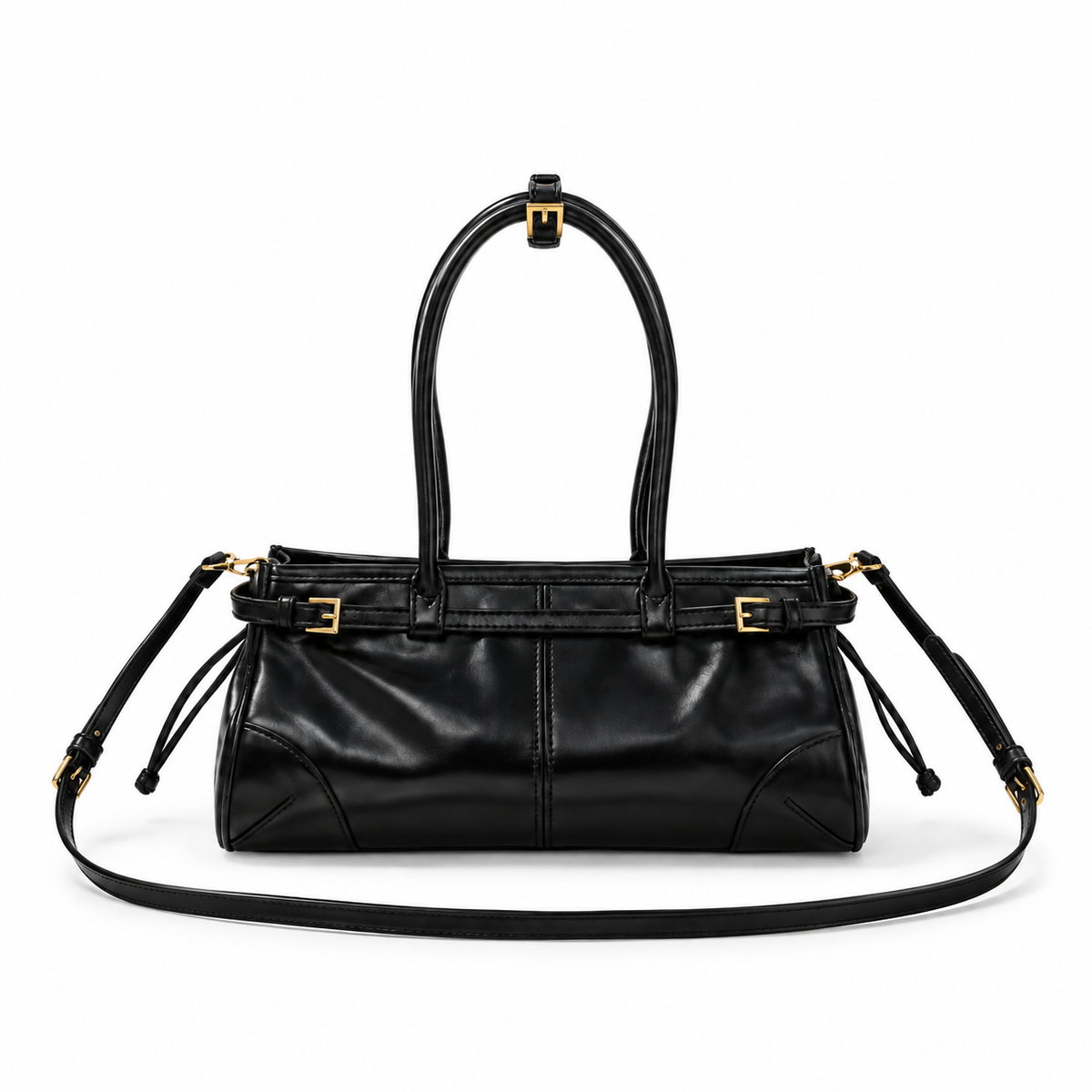 Glossy Black Structured Shoulder Handbag Purse-4