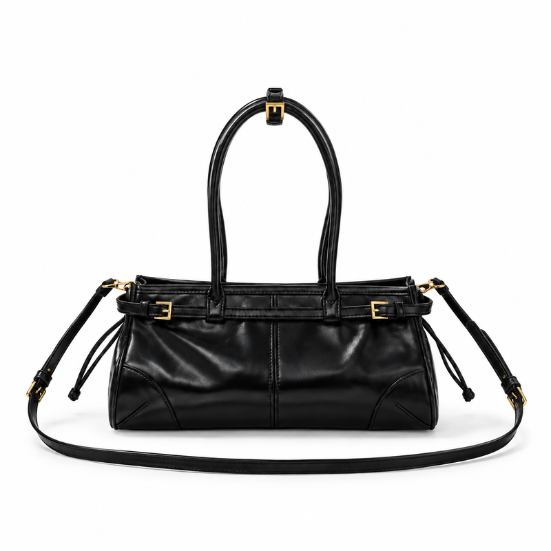 Glossy Black Structured Shoulder Handbag Purse-4