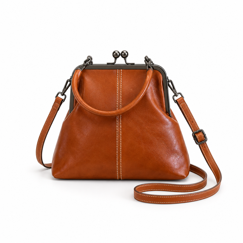 Vintage Brown Kiss Lock Shoulder Handbag-2