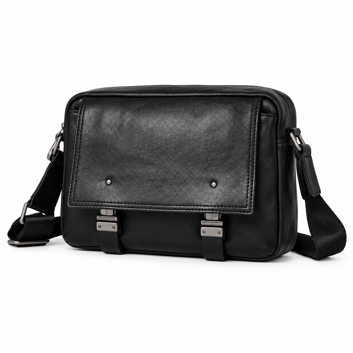 Classic Black Leather Messenger Shoulder Bag-4