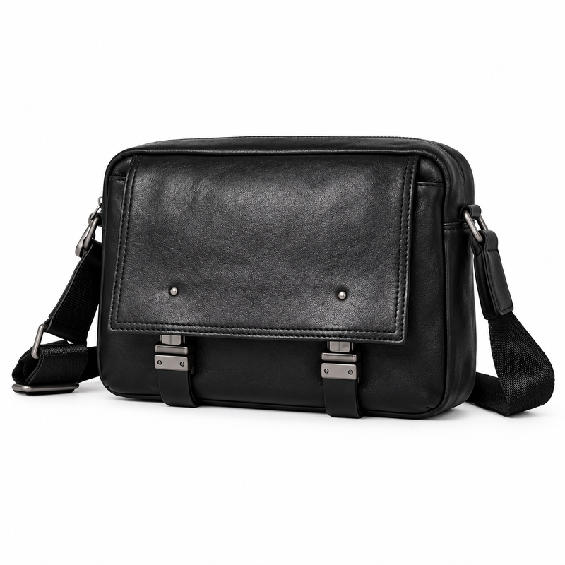 Classic Black Leather Messenger Shoulder Bag-4