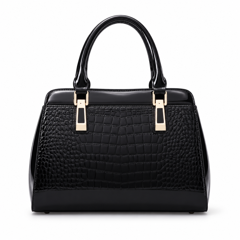 Elegant Black Crocodile Embossed Structured Handbag-2