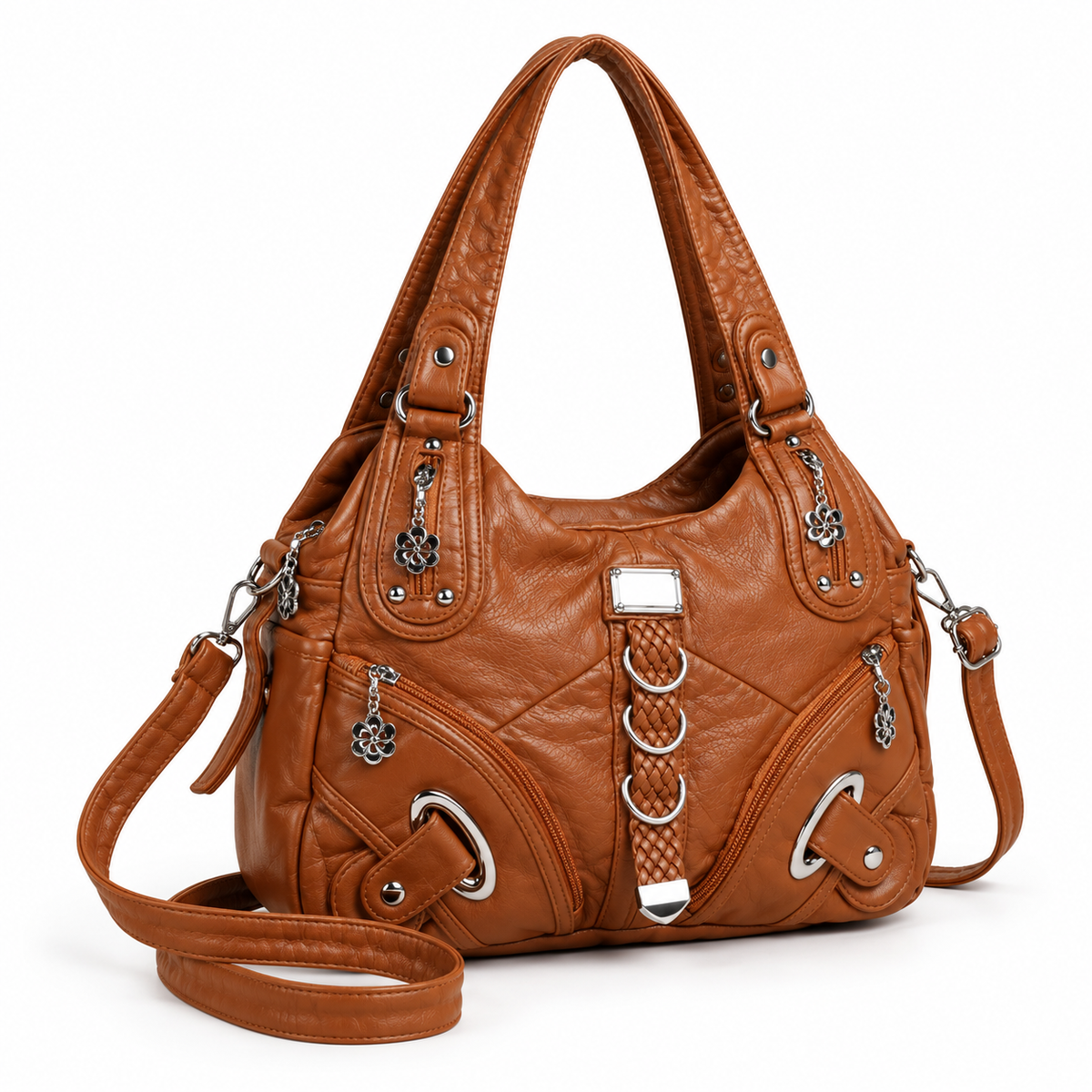 Caramel Crossbody Bag With Braided Details-1