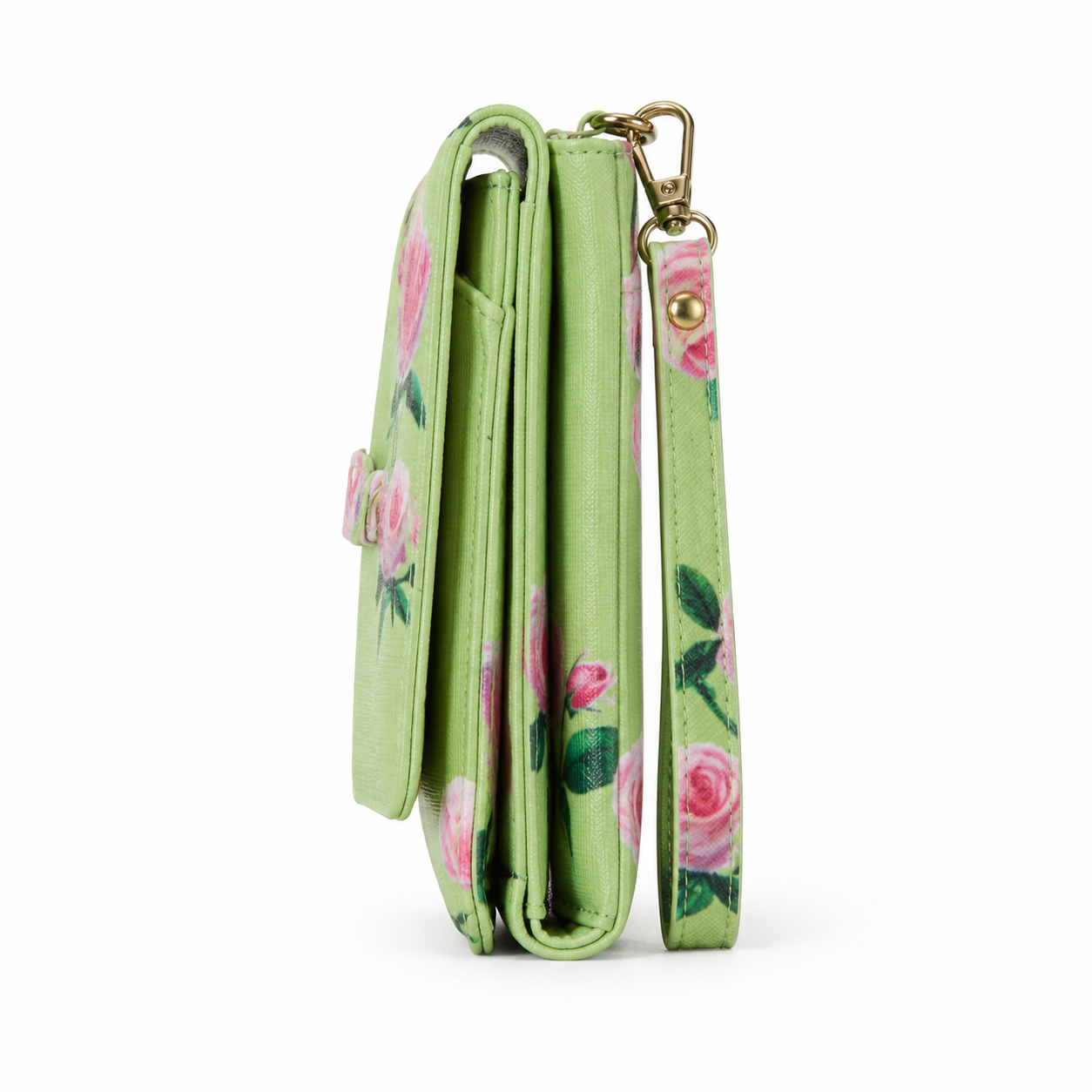 Green Floral Rose Print Women’s Wristlet Wallet & Phone Clutch-2