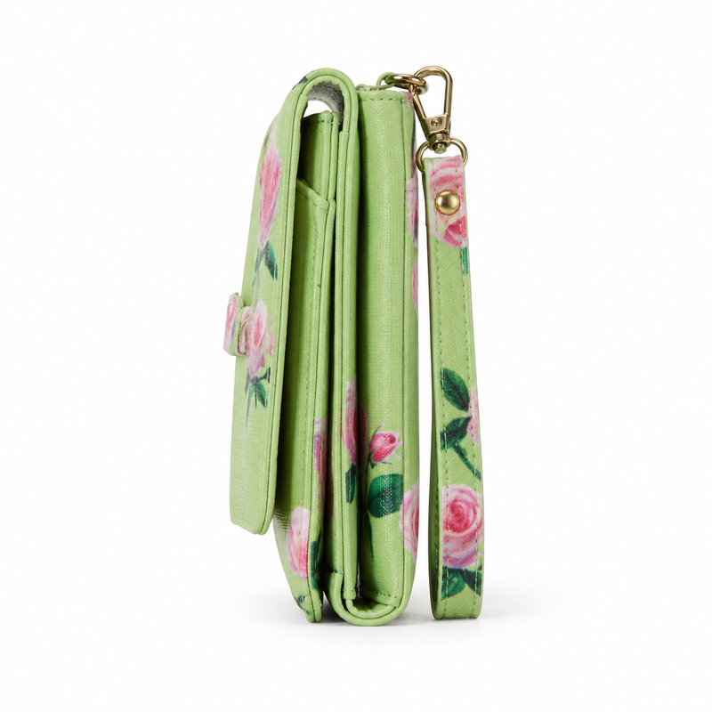 Green Floral Rose Print Women’s Wristlet Wallet & Phone Clutch-2