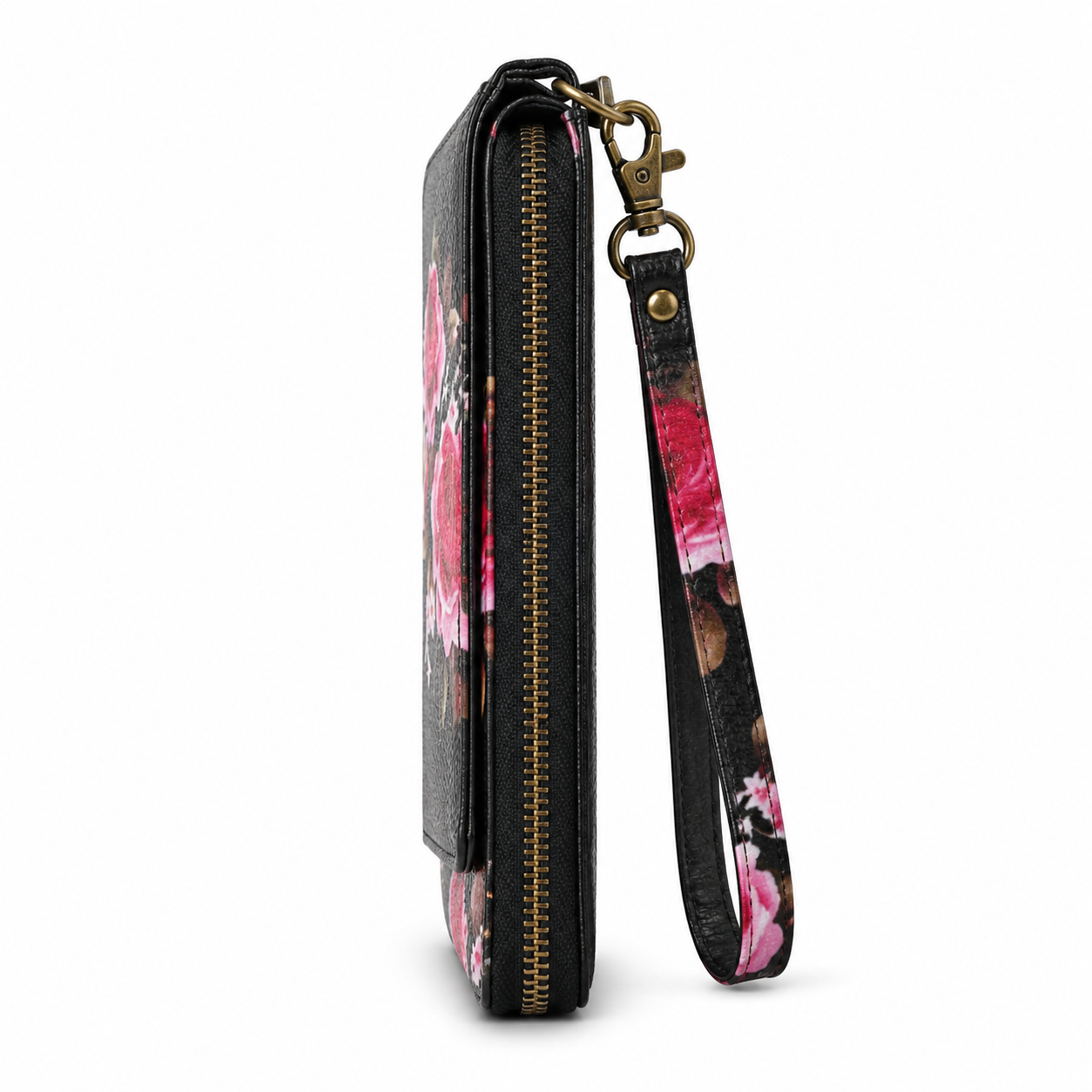 Black Floral Print Zip-Around Wristlet Wallet-3