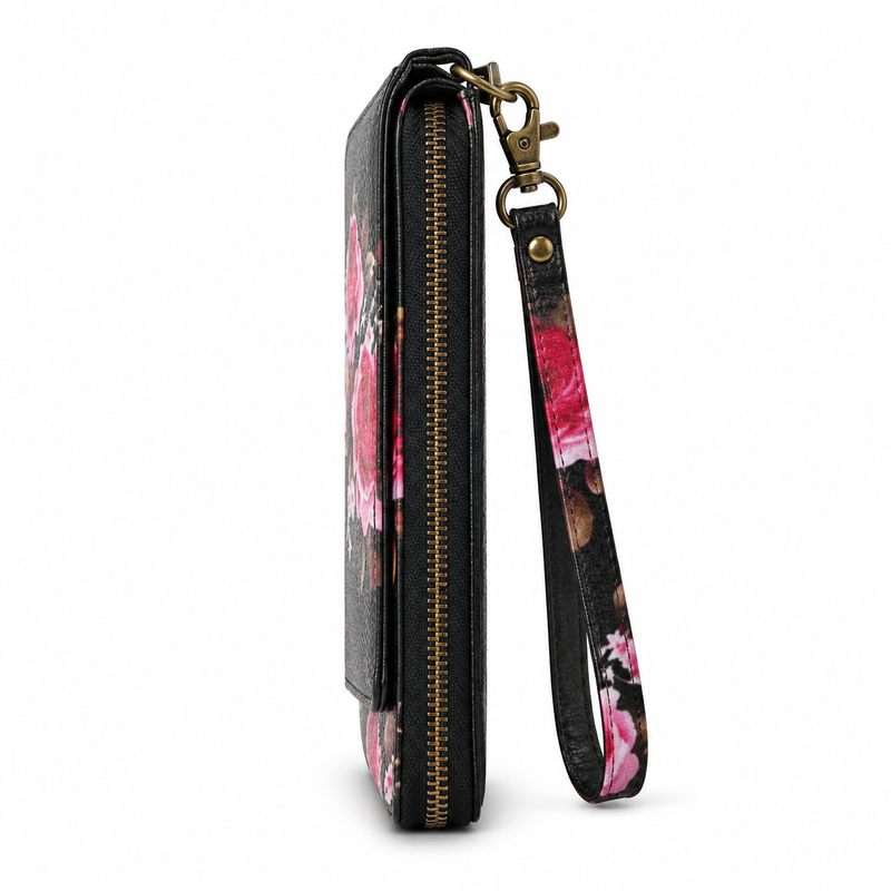 Black Floral Print Zip-Around Wristlet Wallet-3