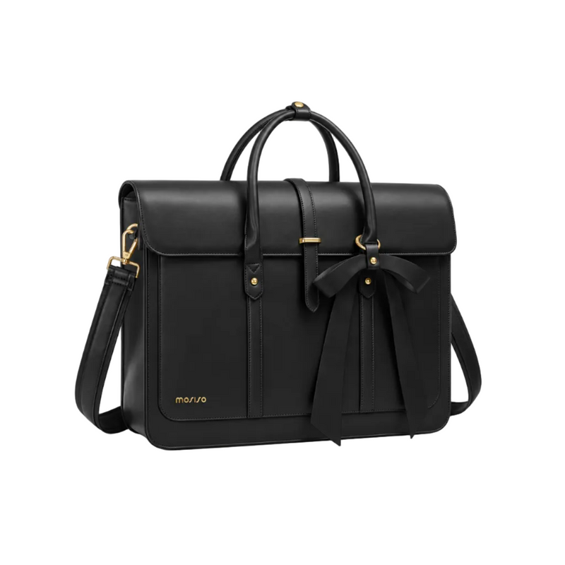 Black Leather Laptop Bag With Bow-1