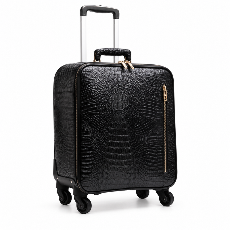 Black Crocodile Textured Rolling Travel Suitcase-1