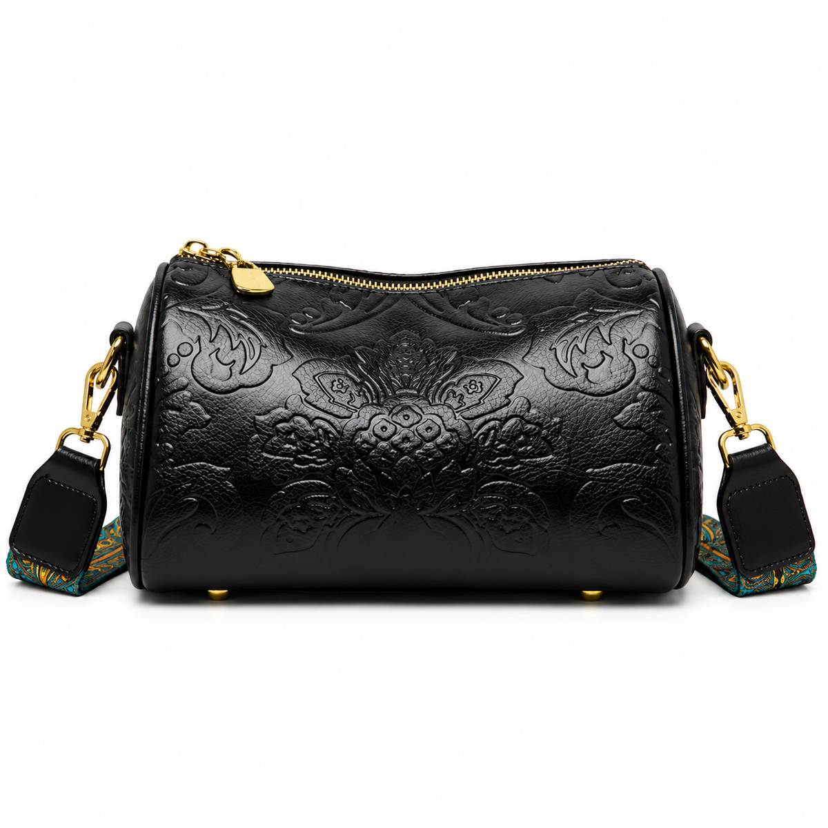 Black Floral Embossed Barrel Vintage Crossbody Bag-2