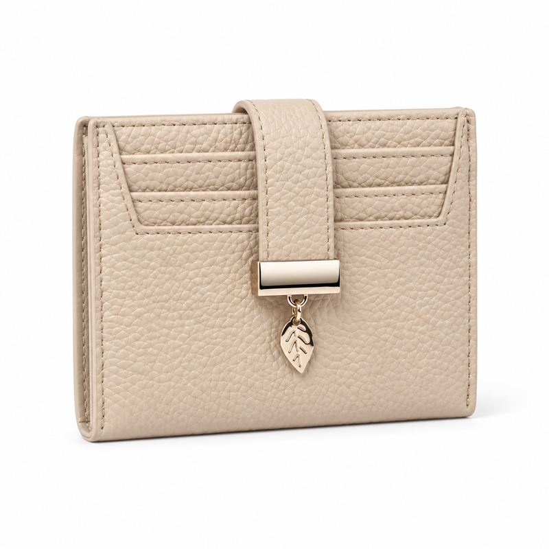 Beige Pebbled Wallet With Leaf Charm-1