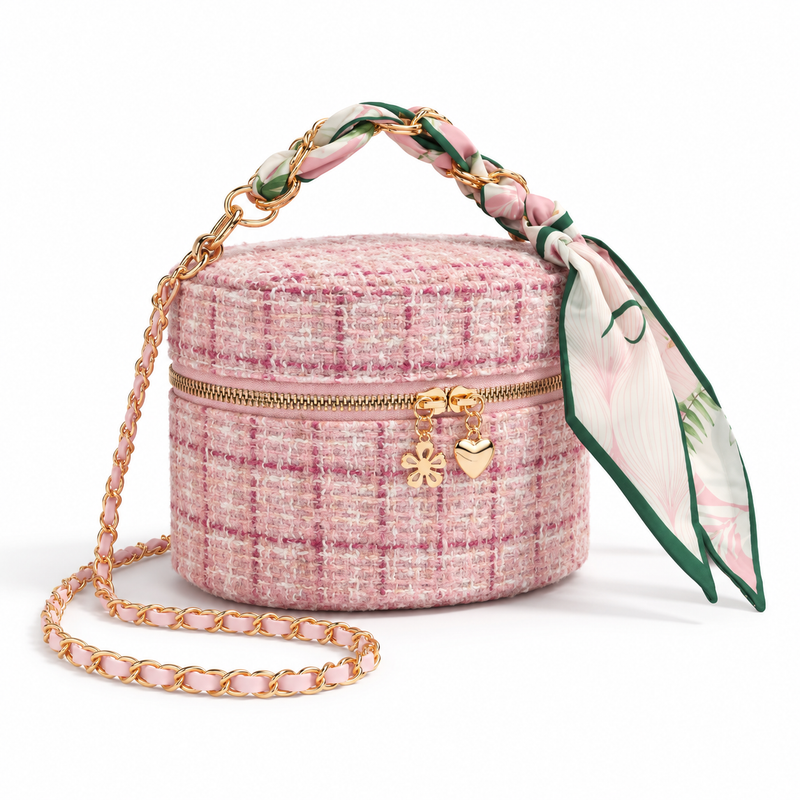 Pink Tweed Crossbody Bag With Scarf-1