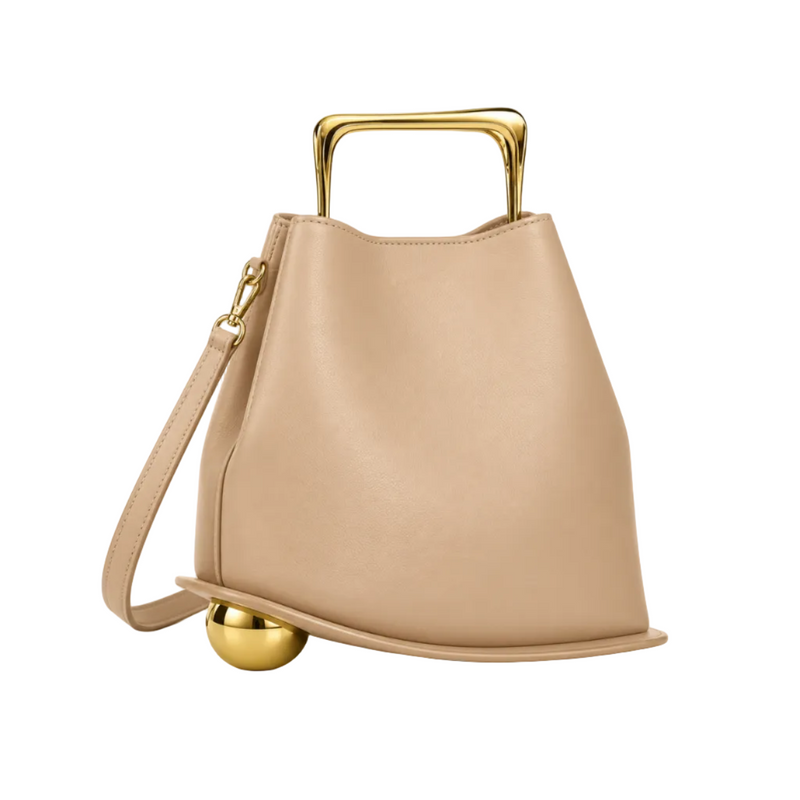 Beige Leather Evening Clutch Golden Handle-1