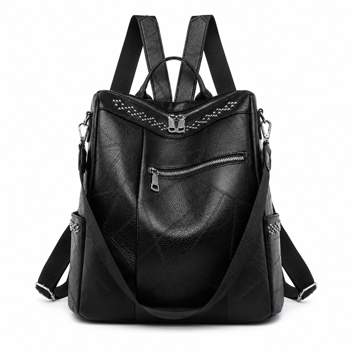 Black Textured Backpack With Studded Details-4