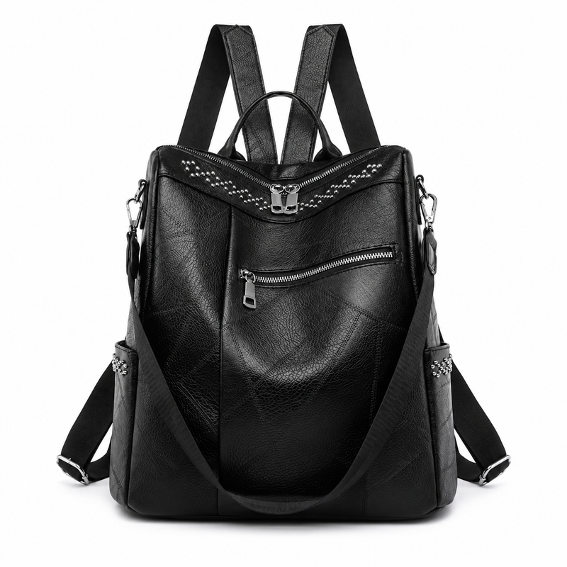 Black Textured Backpack With Studded Details-4