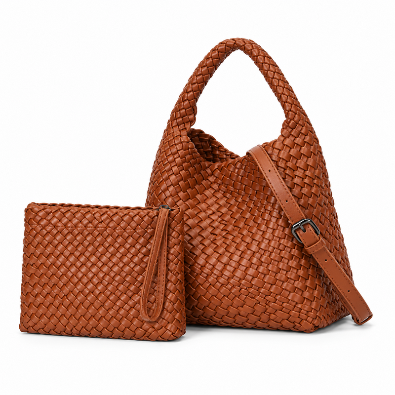 Brown Woven Hobo Bag With Pouch-3