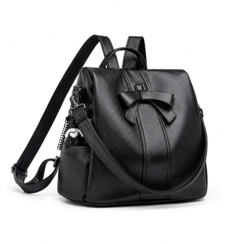 Black Bow Detail Convertible Leather Backpack & Shoulder Bag-1