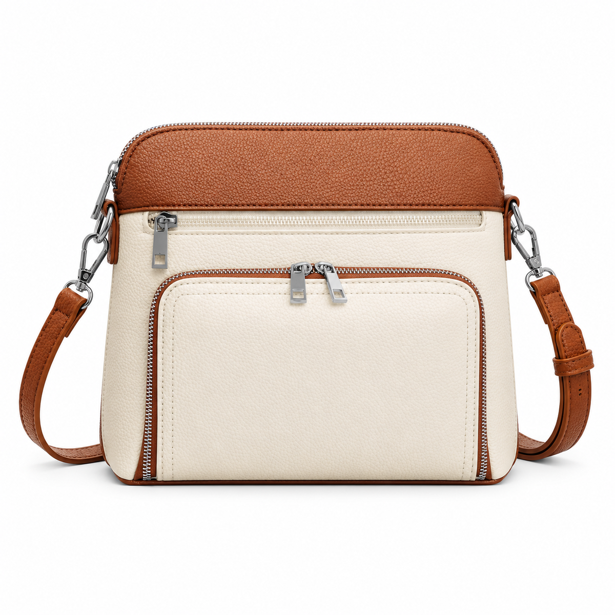 Cream And Brown Zippered Crossbody Bag-4