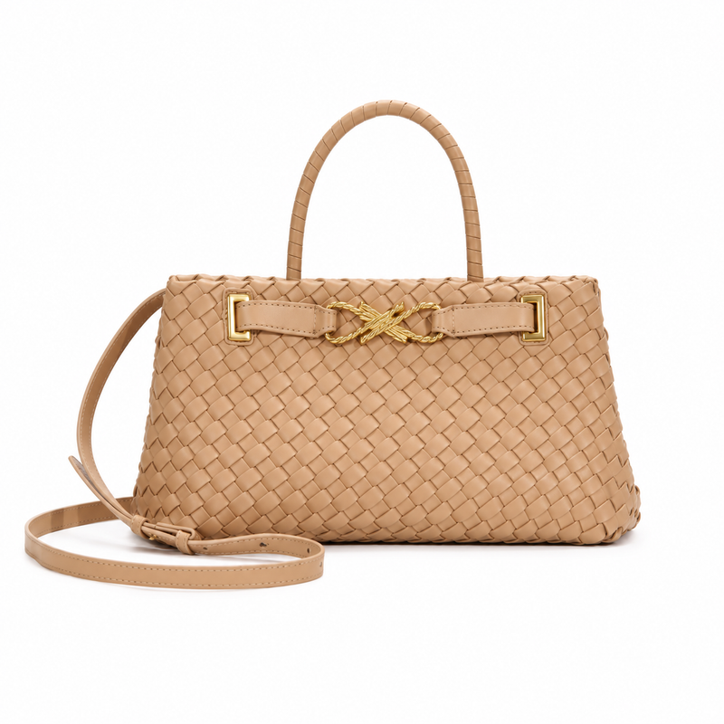 Elegant Camel Woven Top Handle Handbag-4
