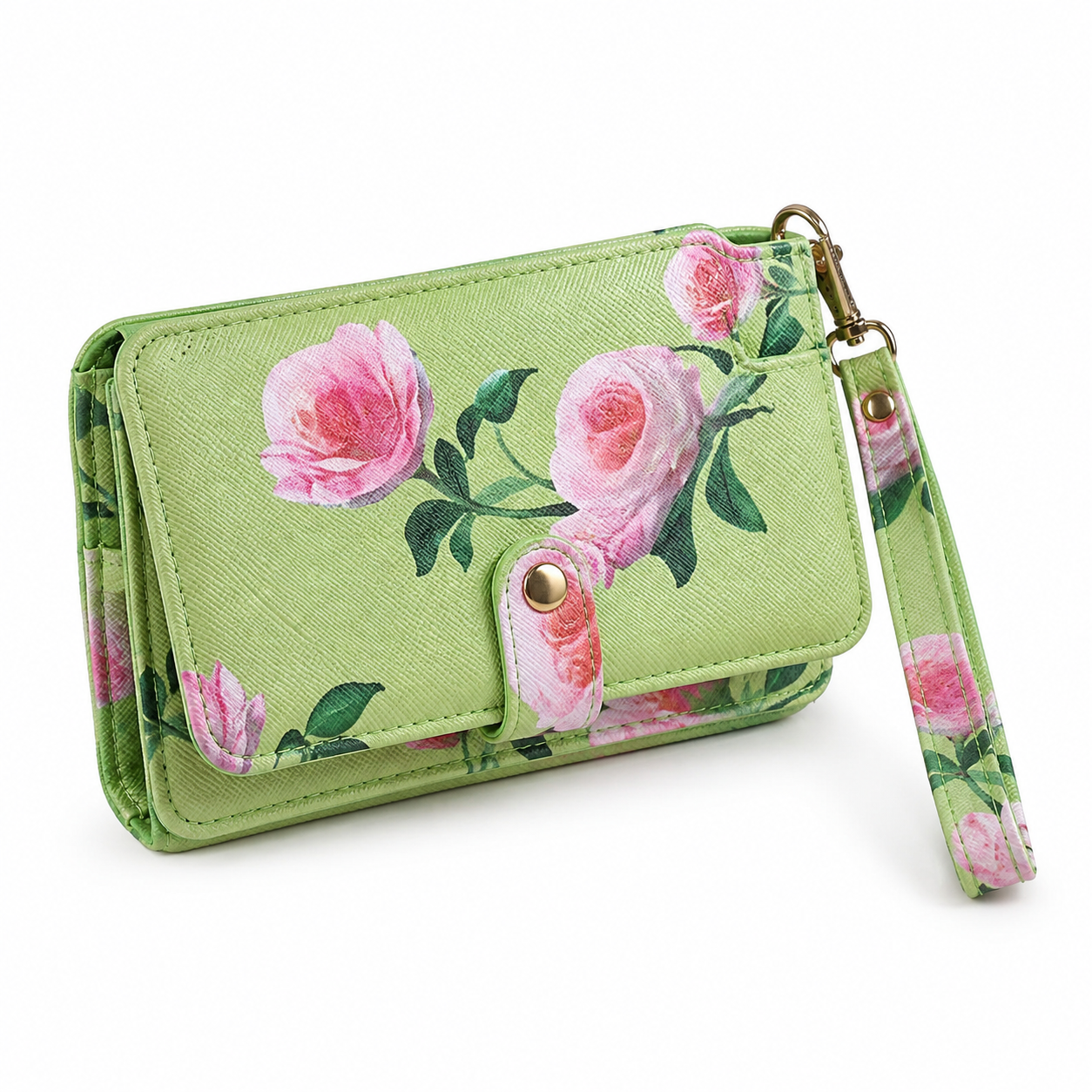 Green Floral Rose Print Women’s Wristlet Wallet & Phone Clutch-3