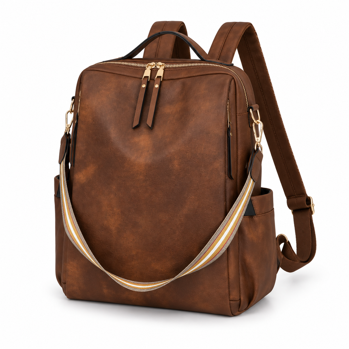 Brown Vintage Leather Convertible Backpack Bag-3