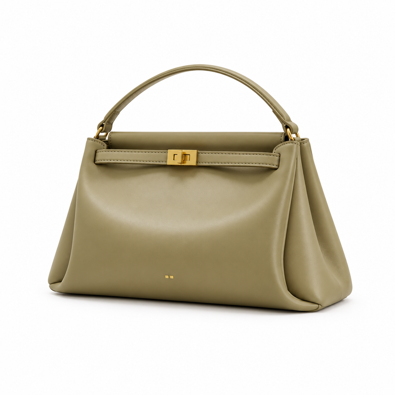 Elegant Olive Khaki Turnlock Satchel Bag-3