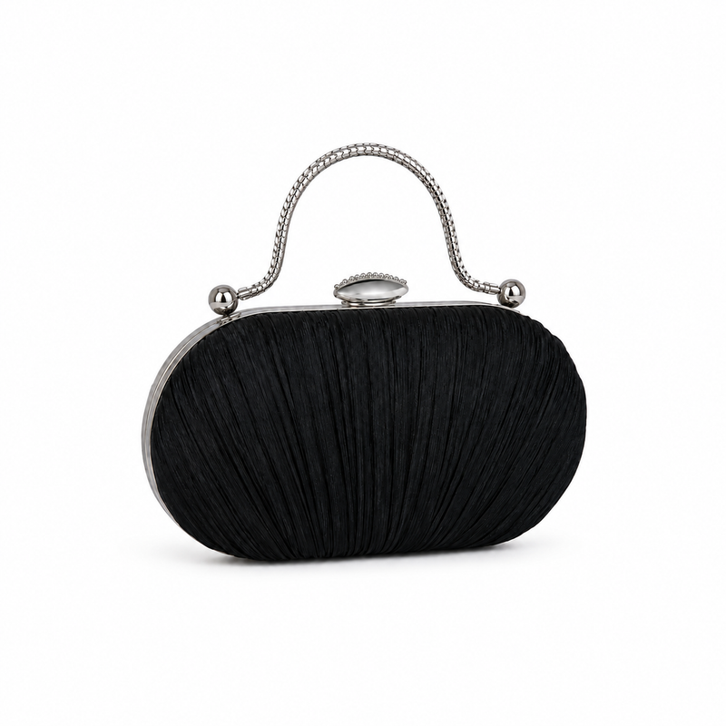 Black Pleated Clutch with Silver Handle-1