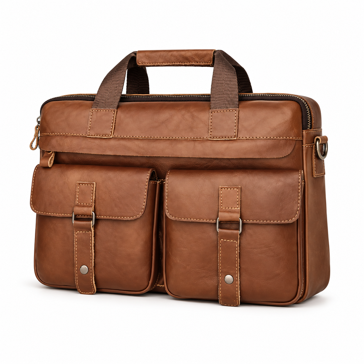 Classic Cognac Leather Briefcase With Pockets-4