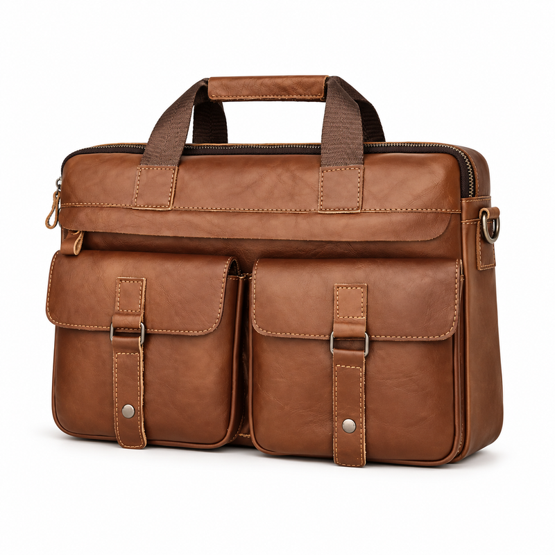 Classic Cognac Leather Briefcase With Pockets-4