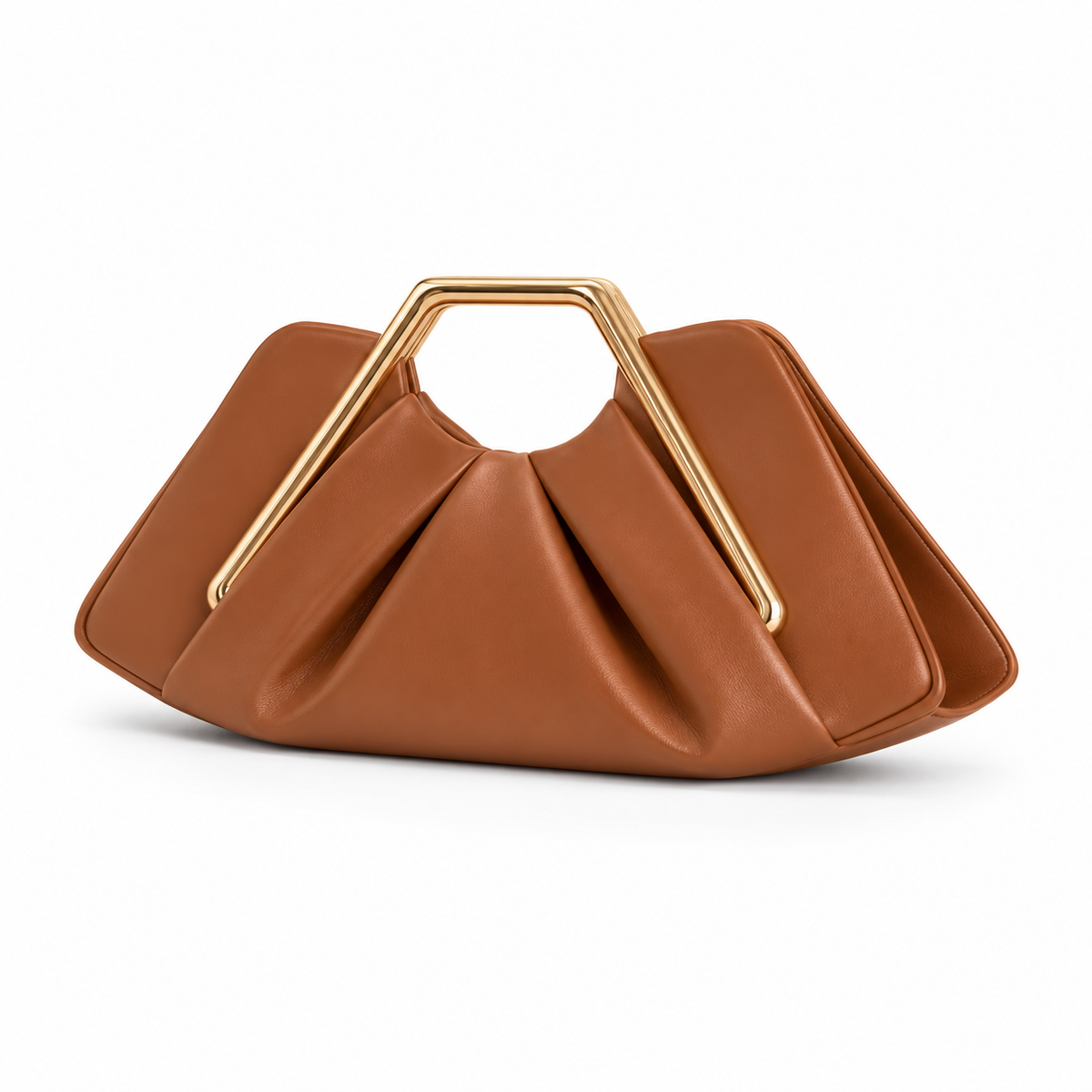 Caramel Sculptural Clutch With Golden Handle-3