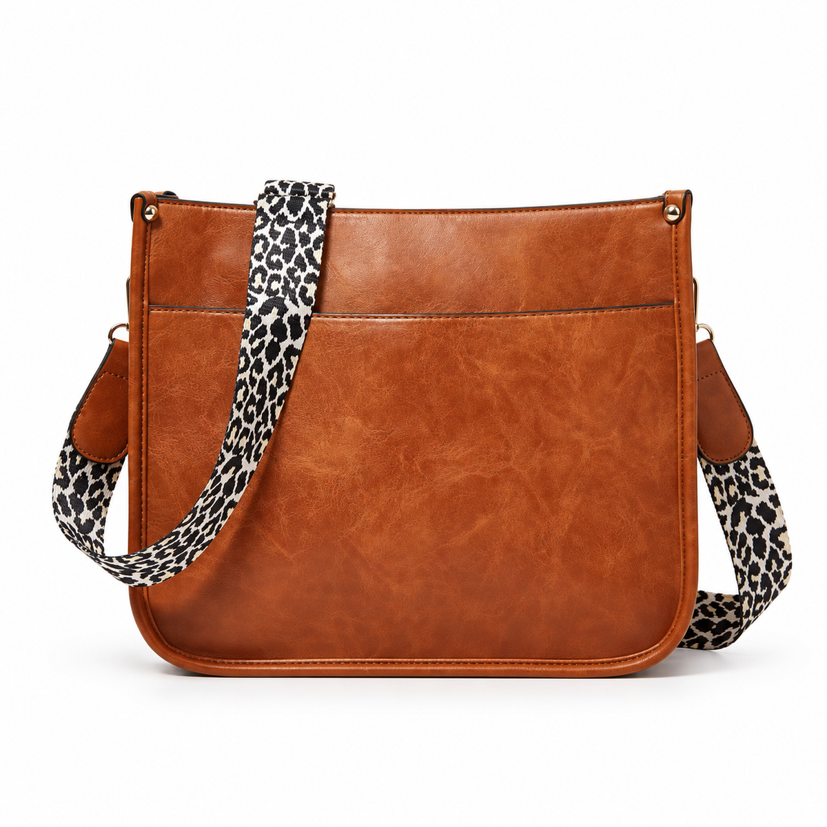 Brown Crossbody Bag With Leopard Strap-4