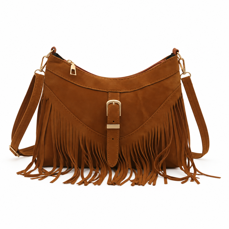 Vintage Camel Bohemian Fringe Shoulder Bag-3