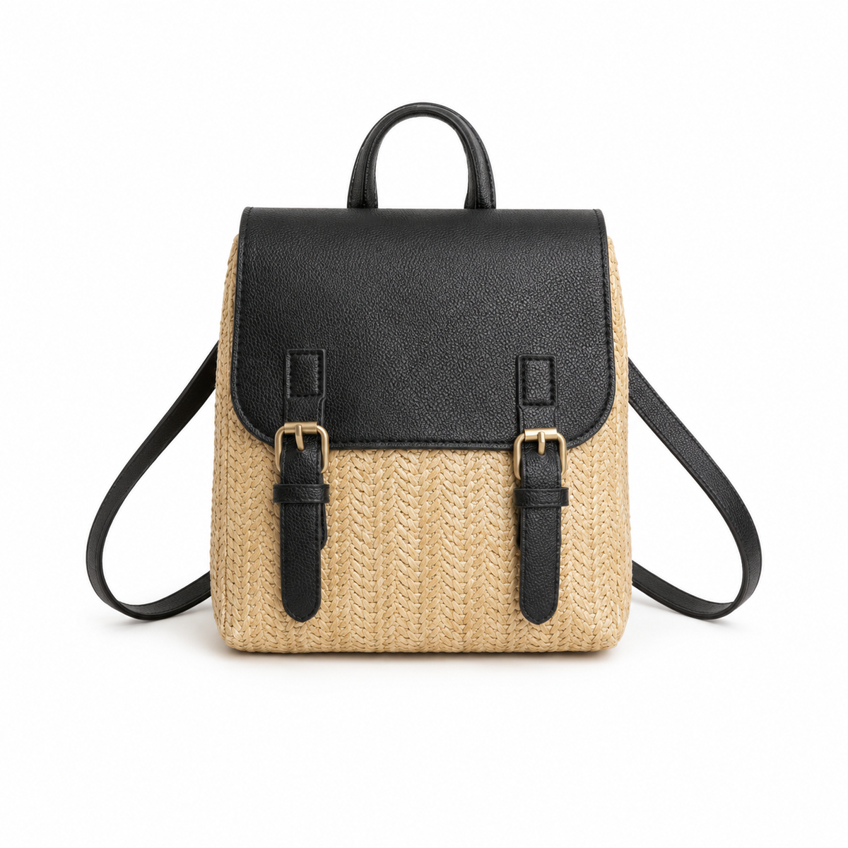 Woven Straw & Black Leather Mini Backpack Handbag-4