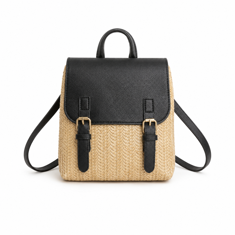 Woven Straw & Black Leather Mini Backpack Handbag-4