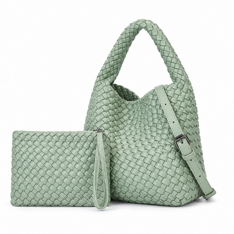 Sage Green Woven Shoulder Bag Set-4
