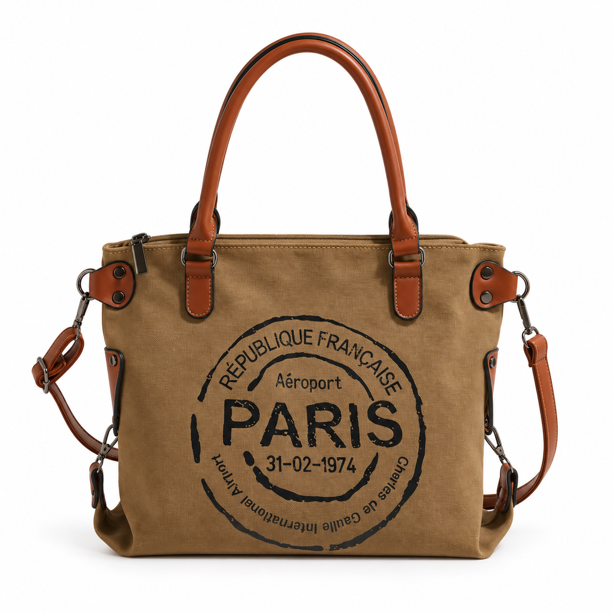 Vintage Paris Leather Canvas Tote Bag-4